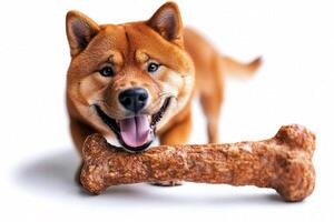 Akita enjoys chewing on large bone. dog displays joyful expression as it engages in playful activity while set against clean white backdrop photo