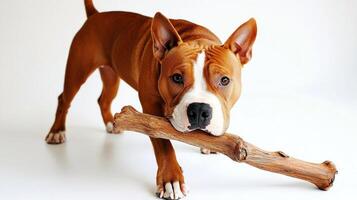 lively American Bulldog is happily chewing on large bone while posing against pristine white background. dog's muscular build and playful demeanor are evident photo