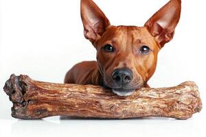 delightful Azawakh dog enjoys its time chewing on large bone. bright white background highlights dog's sleek coat and playful demeanor creating captivating view of moment photo