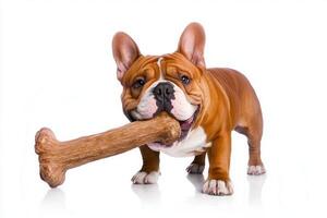 charming English Bulldog stands proudly large bone in its mouth clearly enjoying moment. clean white background emphasizes dog's features and playful demeanor photo