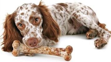 cheerful English Setter is happily chewing on bone showcasing its friendly expression and shiny coat against pristine white background evoking warmth and joy photo