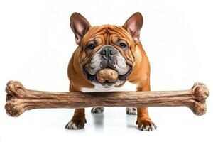 English Bulldog is engaged in chewing large bone while posing from front on pristine white backdrop highlighting its playful and charming demeanor photo
