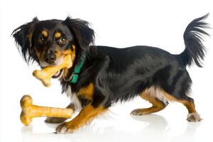 cheerful Entlebucher Mountain Dog is joyfully chewing on bone while surrounded spotless white background showcasing its playful nature and engaging personality photo