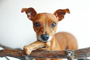 Italian Greyhound is chewing on bone showcasing its playful nature against clean white backdrop. focus is on dog's expression of joy and curiosity photo