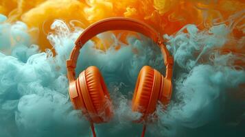 Headphones abstract design float in dreamy landscape filled swirling clouds. Vibrant colors of red yellow and blue create surreal atmosphere full of fluid shapes photo