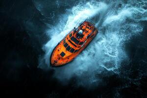 small lifeboat navigates relentless waves in intense storm while larger ship appears faintly in background. atmosphere is tense dark clouds overhead photo