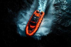 small lifeboat makes its way through relentless waves larger ship faintly visible in background stormy sky. drone captures dramatic conflict of nature photo