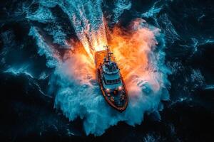 small lifeboat fights through towering waves stormy sky working reach distant silhouette of larger ship during harsh weather conditions photo