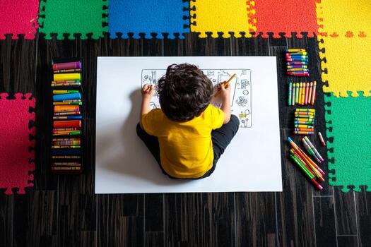 Cross legged on classroom floor South Asian child uses crayons draw on large sheet of paper photo