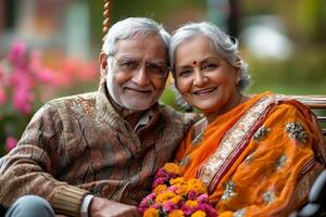 senior Indian couple smiles warmly while sitting on garden swing. They are surrounded blooming flowers in soft golden light of late afternoon creating peaceful atmosphere photo