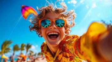 Joyful boy curly hair and sunglasses holds kite string beaming happiness as colorful kite dances in vibrant afternoon sky filled warmth photo