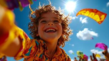 cheerful Caucasian boy curly hair enjoys sunny afternoon while holding kite string. colorful kite soars high in clear blue sky capturing moment of pure joy photo