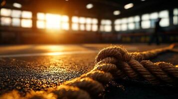 Golden light streams through large gym windows casting warm glow on empty boxing ring. scene evokes calm and anticipation highlighting ropes and canvas in tranquil solitude photo