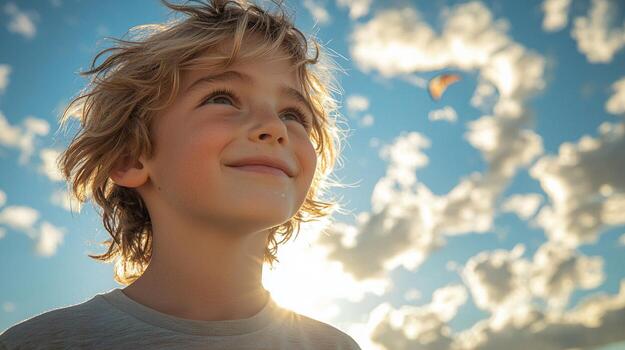 joyful Caucasian boy enjoys warm afternoon while holding kite string big smile. kite soars high against blue sky surrounded fluffy clouds and golden sunlight glow photo
