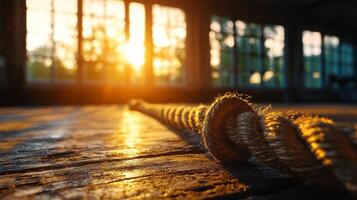 Morning light floods empty boxing ring through large gym windows casting warm highlights on ropes and canvas evoking tranquil moment after intensity of sport photo