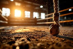 low angle view showcases empty boxing ring featuring worn canvas and towering ropes. Dust particles float in air illuminated warm golden light from nearby window photo