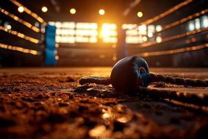 low angle shot reveals empty boxing ring worn canvas and tall ropes bathed in golden sunset light and highlighted floating dust particles photo