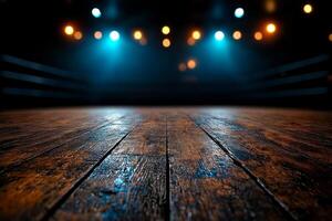 Ceiling lights cast moody atmosphere in empty boxing ring. polished wooden floor reflects faint light enhancing dramatic scene of anticipation and quiet photo