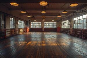 Low angle shot captures empty boxing ring beneath warm ceiling lights casting dramatic shadows across polished wooden floor. atmosphere is dark and moody evoking solitude photo