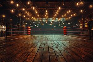 low angle perspective showcases ceiling lights casting stark shadows polished wood floor of empty boxing ring creating dark and moody atmosphere photo