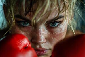 In gripping training session Caucasian boxer prosthetic hand channels her focus into powerful punch her determined expression illuminated dramatic lighting photo