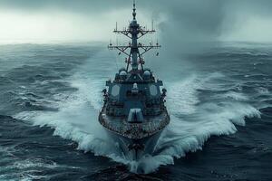 contemporary naval destroyer powers through storm its strong engines thrumming against ferocious waves surrounded mist and ocean spray moody skies photo