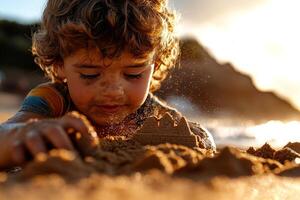 Middle Eastern boy focuses on building sandcastle beach. Waves crash in background and soft morning light creates warm atmosphere enhancing joyful activity photo