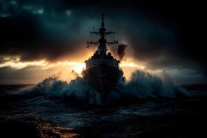 modern naval destroyer navigates fierce waves stormy skies. Its engines propel against relentless spray and mist demonstrating strength in turbulent waters photo