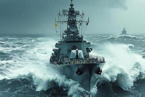 modern naval destroyer navigates through turbulent waters as strong winds and heavy mist engulf vessel. Its engines push back against crashing waves photo