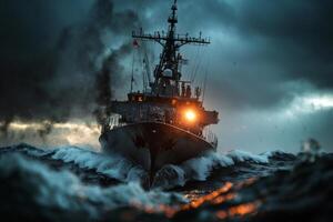 modern naval destroyer faces fierce storm as its engines roar against towering waves. Mist and spray engulf vessel creating intense atmosphere filled deep tones photo