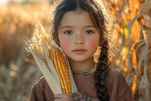 In beautiful cornfield sunset young Native American girl proudly holds ear of corn. warm glow highlights her delicate features and rich cultural heritage in serene setting photo