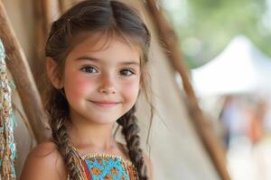 Native American child wearing beautiful traditional attire stands confidently beside tepee her expression radiating pride as evening light softly illuminates surroundings photo