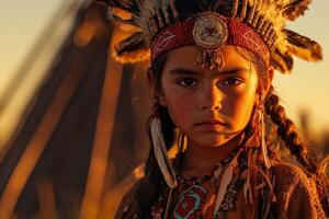 Native American child stands confidently in traditional attire showcasing cultural heritage against background of tepee. warm evening light enhances proud expression photo