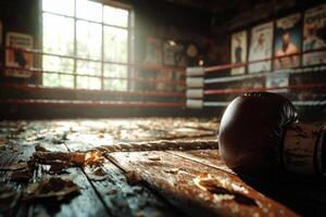 boxing ring sits empty showcasing torn canvas and frayed ropes. Sunlight filters through cracked windows illuminating faded match posters on gym walls evoking sense of nostalgia photo