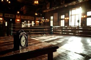 professional setting displays empty boxing ring where bell and timer sit quietly on table. rich shadows and warm lighting create inviting yet intense atmosphere evoking anticipation photo