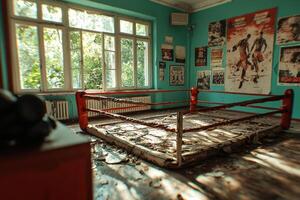 empty boxing ring displays torn canvas and frayed ropes while sunlight filters through cracked windows illuminating faded posters. Dust and neglect hint past battles photo