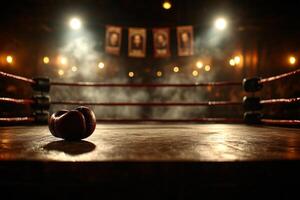 empty boxing ring sits in brightly lit arena showcasing banners of past champions. atmosphere captures essence of legacy and history of sport evoking memories of great matches photo