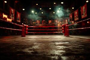 empty boxing ring occupies center of brightly lit arena surrounded banners honoring past champions. atmosphere evokes rich sense of history and sportsmanship photo