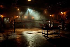 empty boxing ring stands ready for action in warmly lit gym highlighted soft shadows and faint atmosphere filled distant gym sounds conveying anticipation and history photo