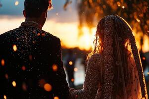 South Asian couple dressed in traditional attire stands together riverbank enjoying tranquility of sunrise while thoughtfully gazing into horizon creating serene atmosphere photo