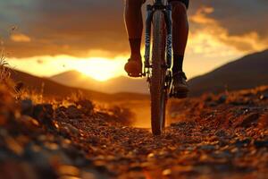 African cyclist prosthetic arm rides through dusty desert trail as sun sets casting golden glow on landscape and creating picturesque atmosphere photo