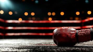 perspective captures empty boxing ring where ropes are illuminated faint spotlights. darkened background adds dramatic atmosphere featuring canvas ready for action photo