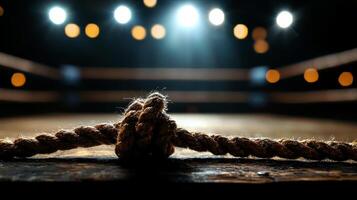 empty boxing ring fills frame from spectator's perspective emphasizing weathered ropes and soft spotlighting on canvas darkened backdrop enhancing mood photo