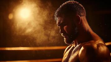 Flickering light casts shadows on empty canvas as boxer stands poised outside ring preparing mentally for challenge ahead. atmosphere is filled intensity photo