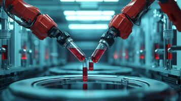 Robotic arms transfer blood samples precision in modern laboratory. These advanced machines demonstrate seamless integration of AI in medical testing enhancing efficiency photo