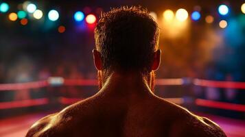 boxer stands outside ring focusing on empty canvas beneath single flickering spotlight. ropes frame view creating gritty cinematic mood photo