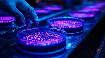 In high tech lab scientist in gloves delicately holds Petri dish filled glowing stem cell cultures. Futuristic lighting highlights details showcasing cutting edge research photo