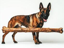 Belgian Malinois happily engages large bone showcasing its strong physique and lively expression. clean white background highlights dog's playful nature and detailed fur photo