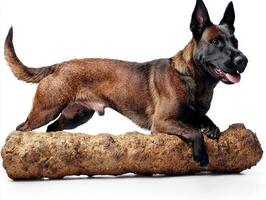 Belgian Malinois enjoys chewing on large bone while standing on clean white surface. dog's focused expression captures its playful nature and strong physique photo