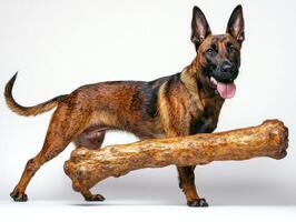 Belgian Malinois stands in profile happily chewing on large bone showcasing its muscular build and shiny coat against pristine white backdrop while engaged in play photo
